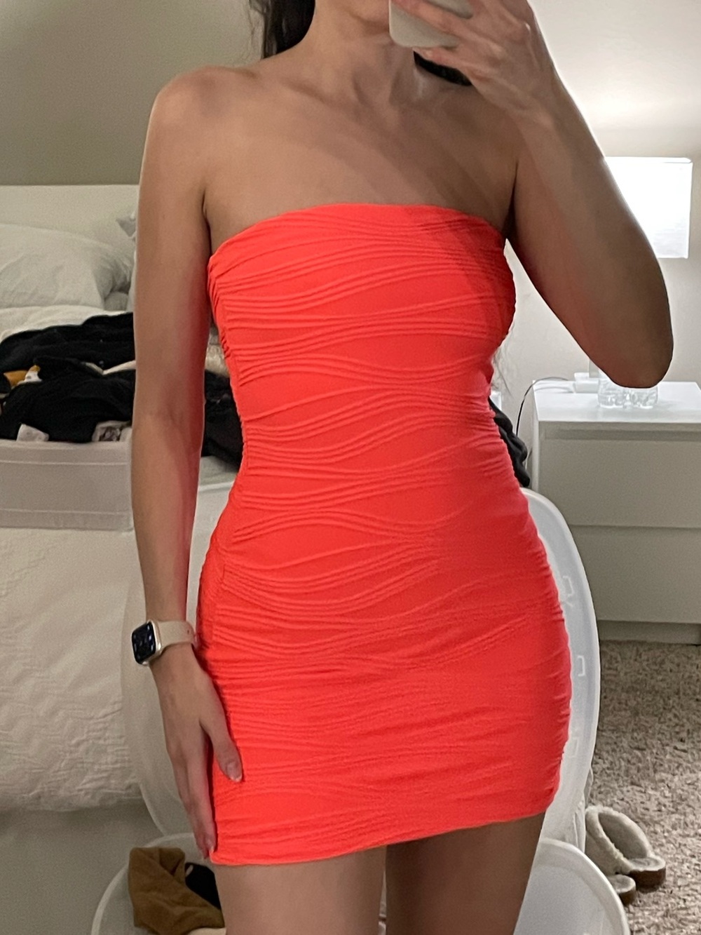 Hot Gal Strapless Neon Coral Bodycon Mini